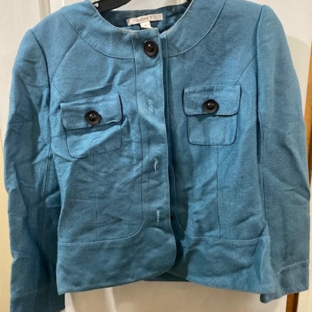 Suite 7 Teal button front jacket, 2 bust pocket, Size 4, Pre-owned